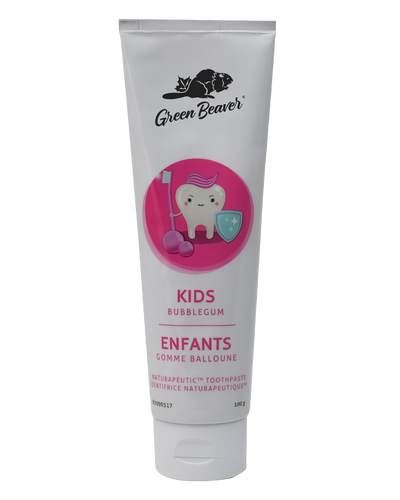 A white tube of kids flouride-free toothpaste in bubblegum flavour by Green Beaver