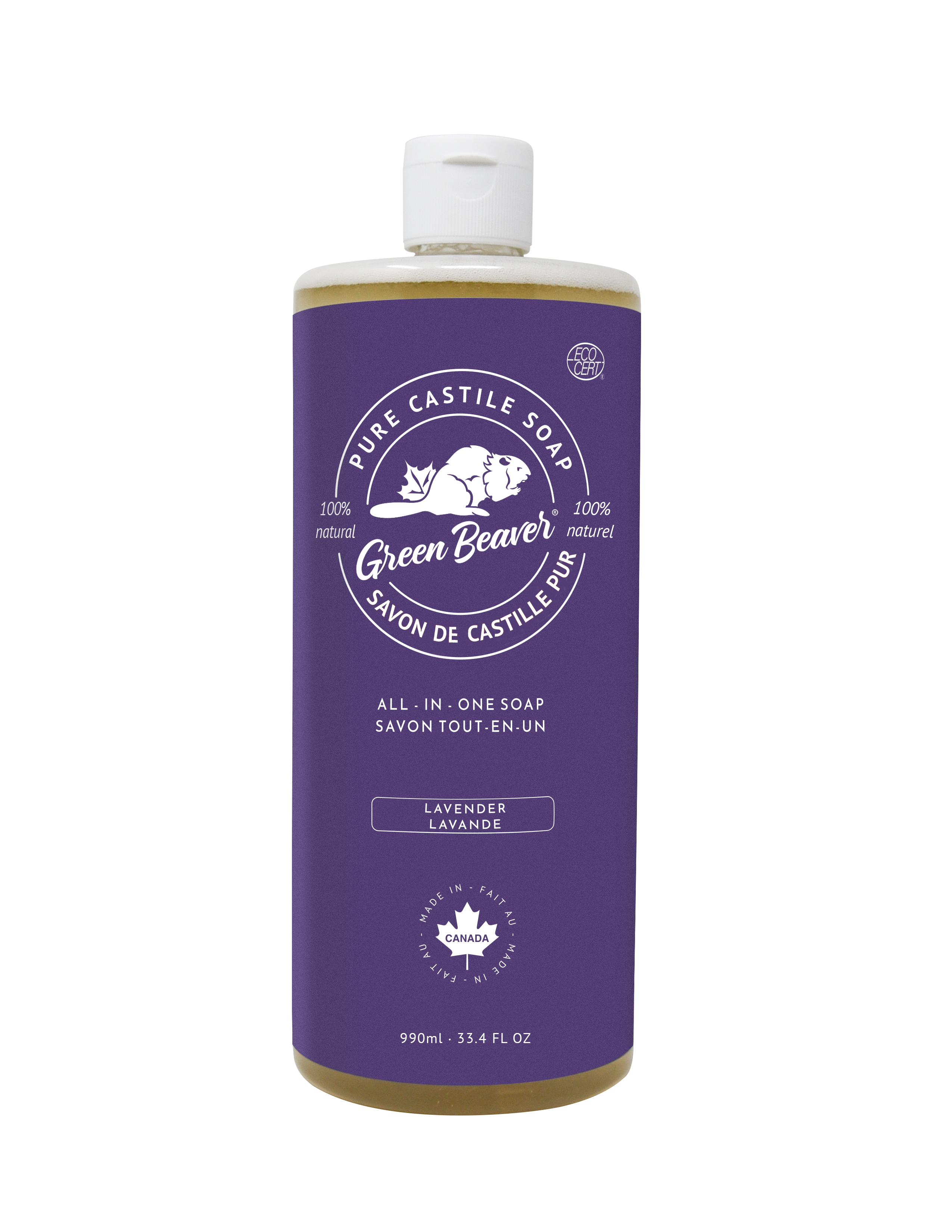 A bottle of Green Beaver's Lavender Castile Soap