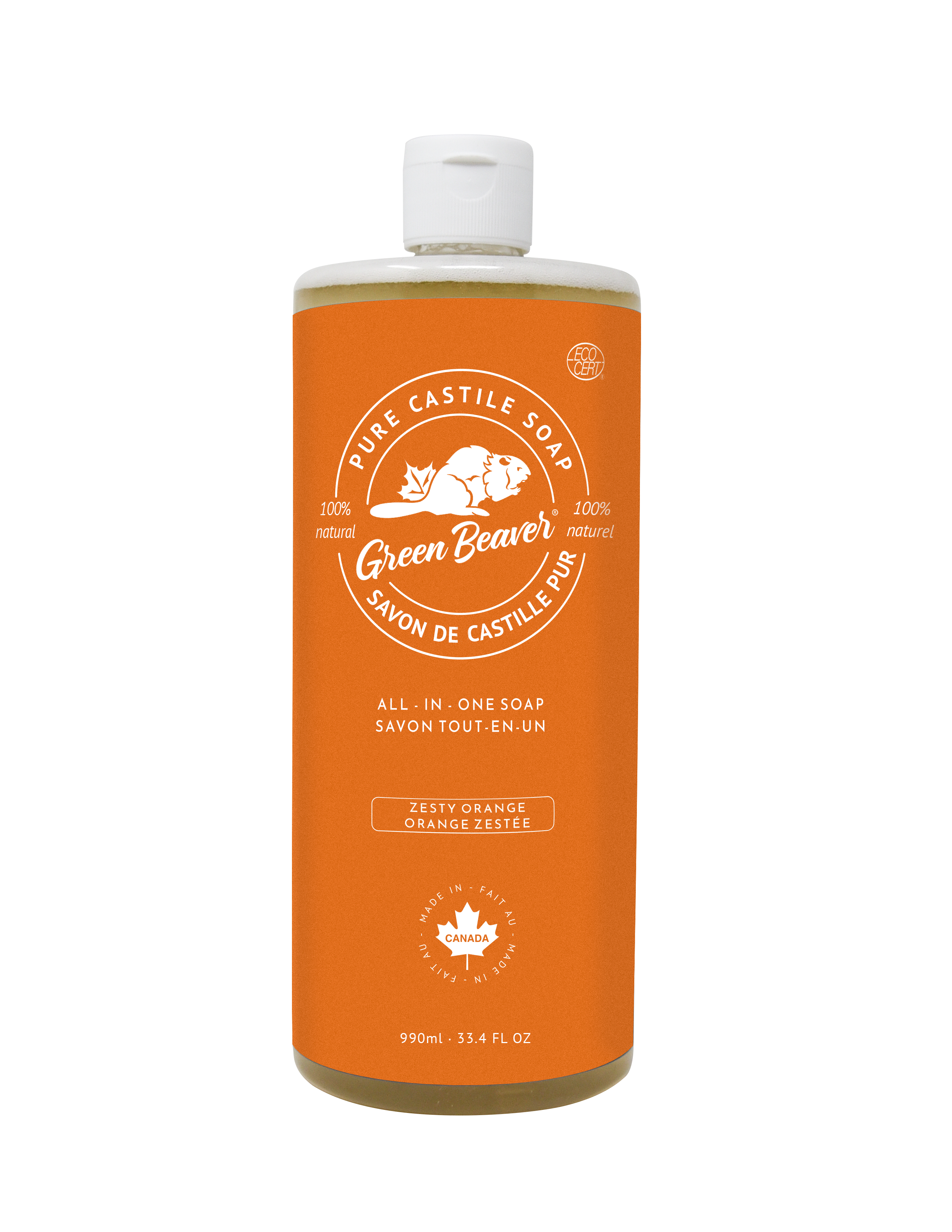 A bottle of Green Beaver's Castile Soap in Orange scent