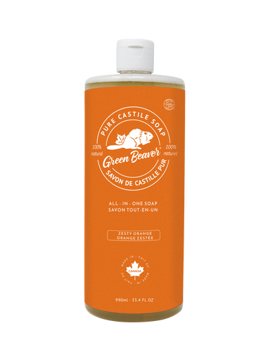 A bottle of Green Beaver's Castile Soap in Orange scent