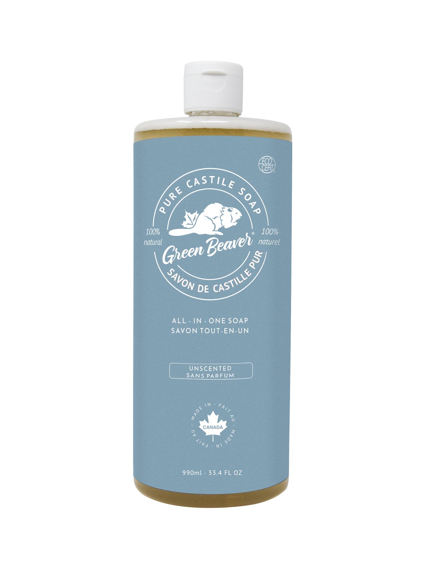 A bottle of Green Beaver's unscented Castile Soap