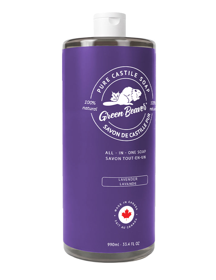 A bottle of Green Beaver's Lavender Castile Soap