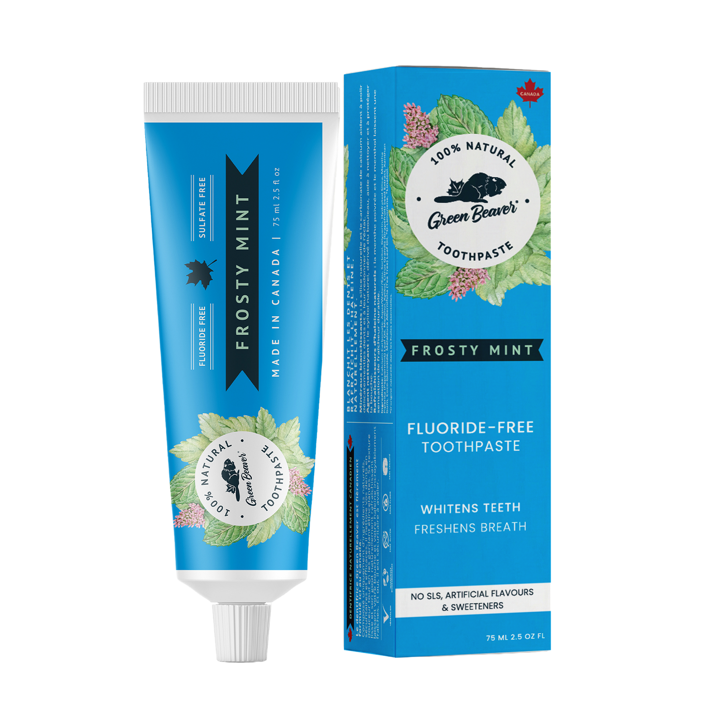 A tube of frosty mint natural toothpaste from Green Beaver is placed vertically next to its box on a white background.