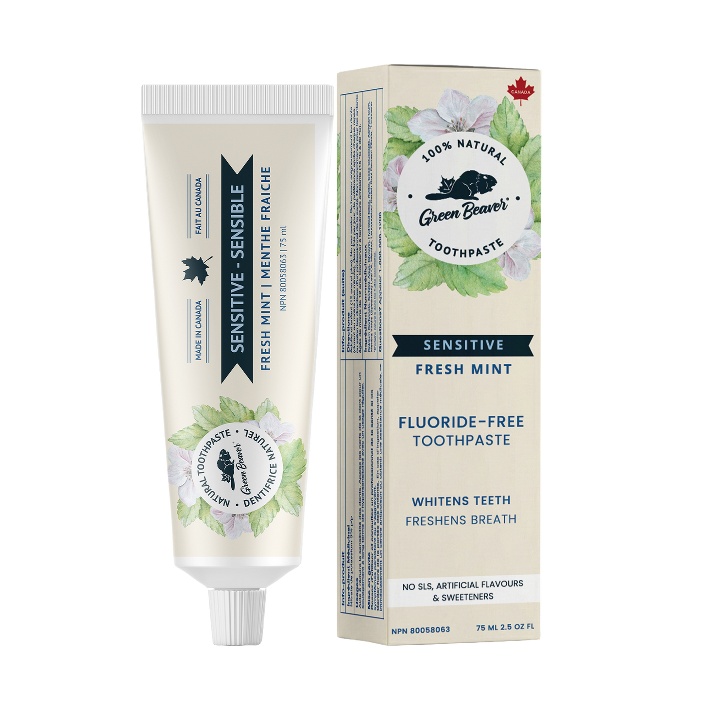 A tube of mint sensitive teeth natural toothpaste from Green Beaver is placed vertically next to its box on a white background.