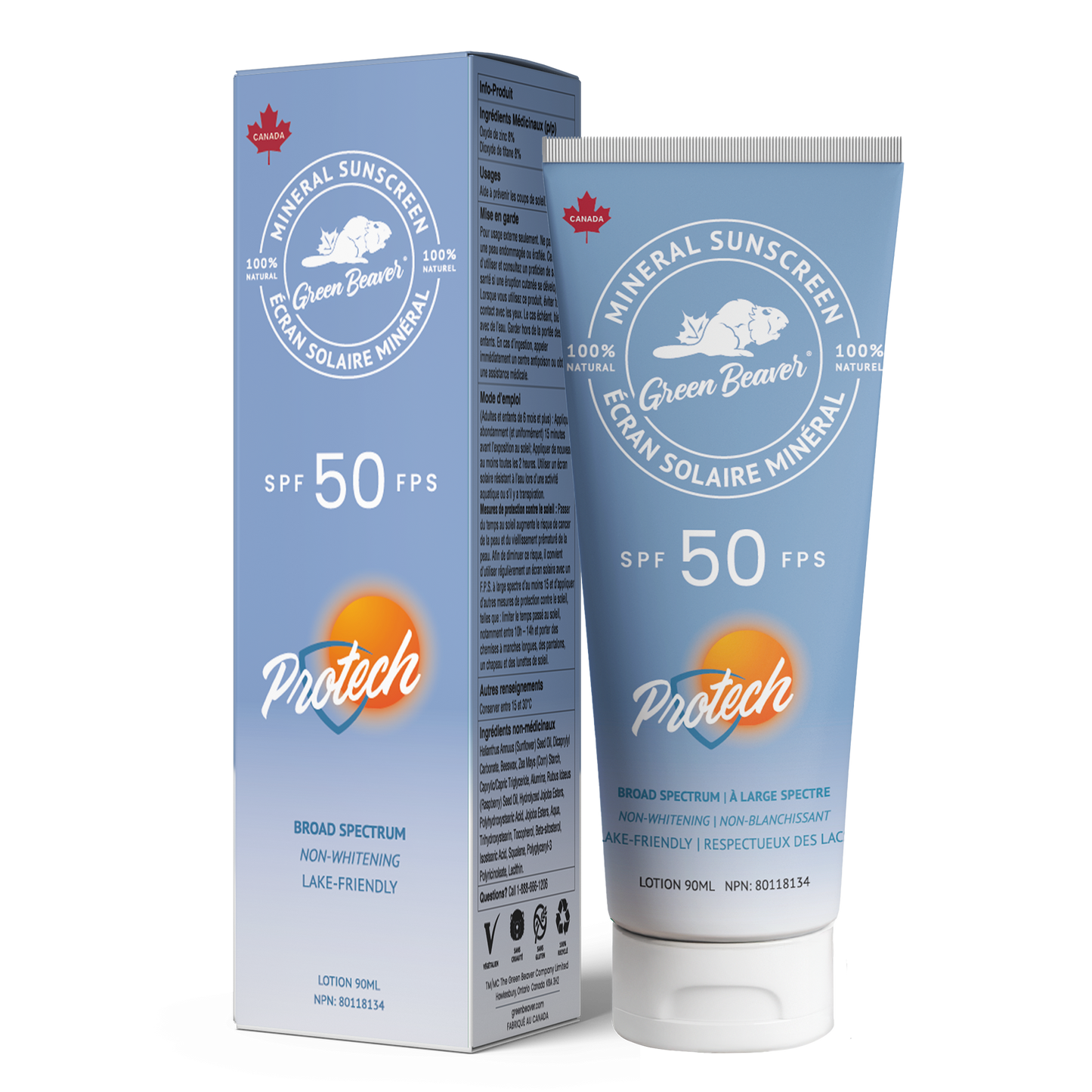 Green Beaver Protech SPF 50 mineral sunscreen with packaging box and tube shown together on a white background, high protection natural sunscreen