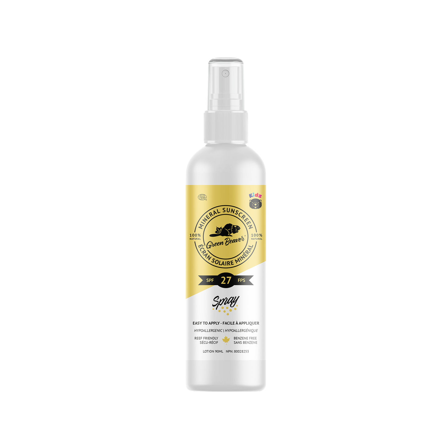 Green Beaver SPF 27 KIDZ mineral sunscreen spray bottle on a white background, kid-friendly spray sunscreen with gentle natural ingredients