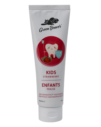 A white tube of kids flouride-free toothpaste in strawberry flavour by Green Beaver