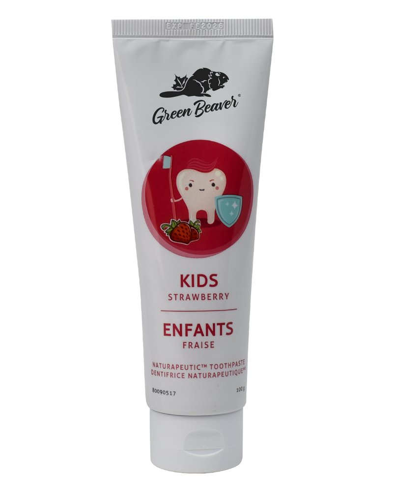 A white tube of kids flouride-free toothpaste in strawberry flavour by Green Beaver