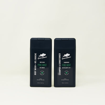 Two dark green bottles of Pine Mint scent products for the Men's line from Green Beaver sit on a beige background.