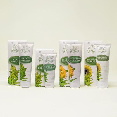 Green Beaver's four natural facial skincare products are displayed with its packaging on a beige background