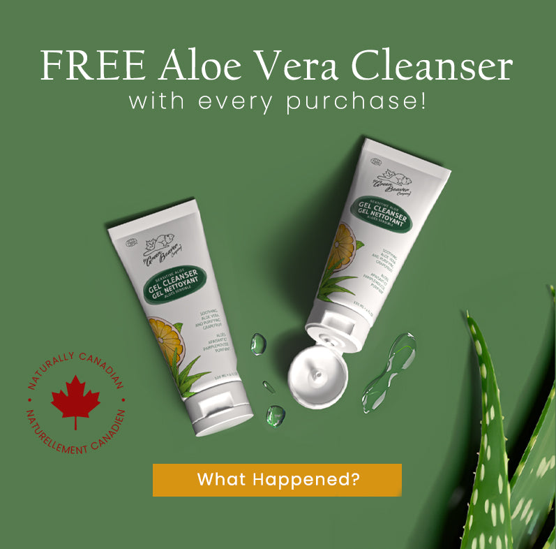 Two tubes of aloe gel cleanser sit on a green background with an aloe vera plant