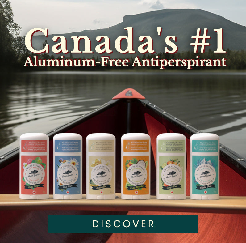 Green Beaver antiperspirant sit on the seat of a canoe in a lake