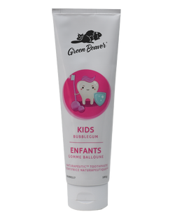 A white tube of kids flouride-free toothpaste in bubblegum flavour by Green Beaver