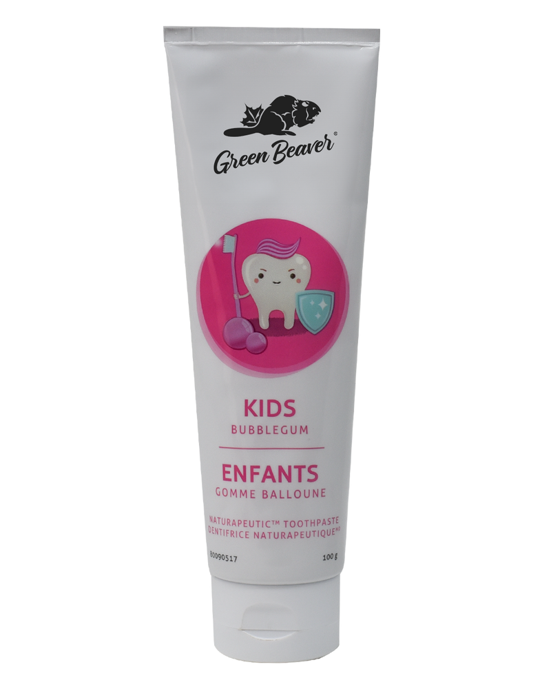A white tube of kids flouride-free toothpaste in bubblegum flavour by Green Beaver