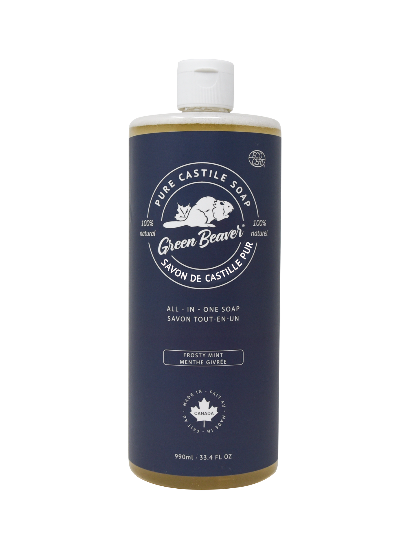 A bottle of Green Beaver's Castile Soap in Frosty Mint scent