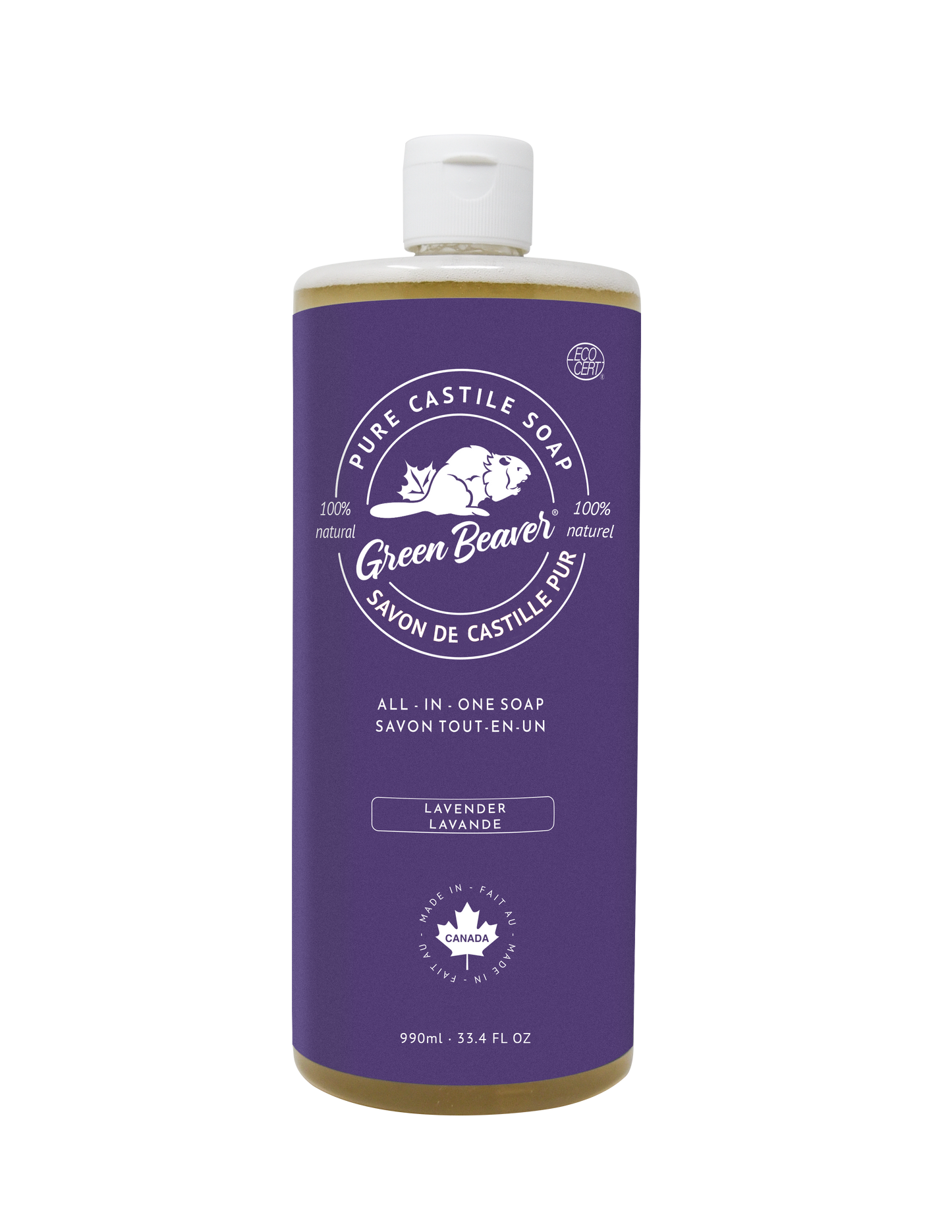 A bottle of Green Beaver's Lavender Castile Soap