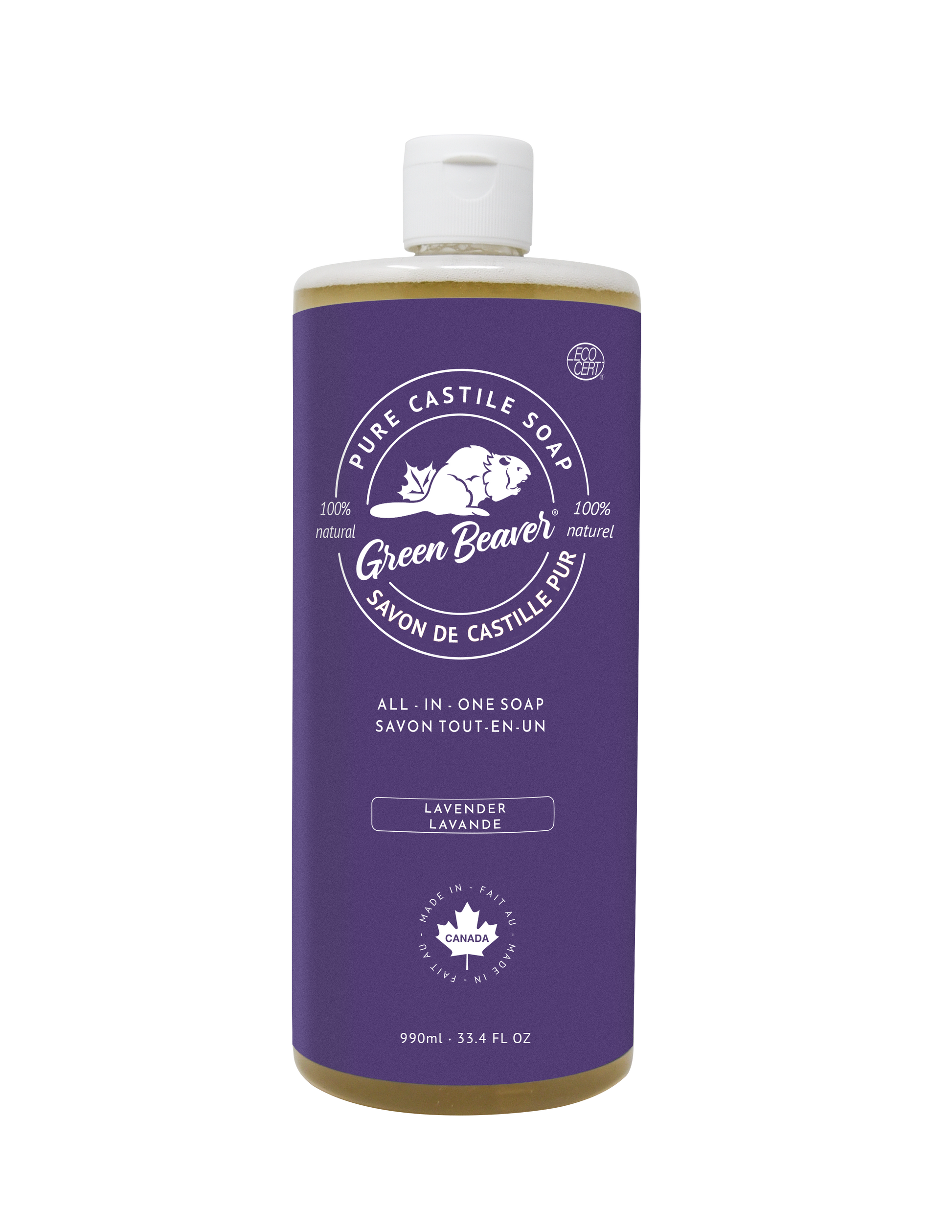 A bottle of Green Beaver's Lavender Castile Soap