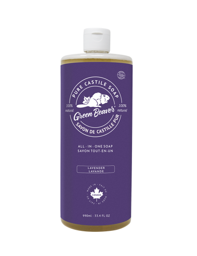 A bottle of Green Beaver's Lavender Castile Soap