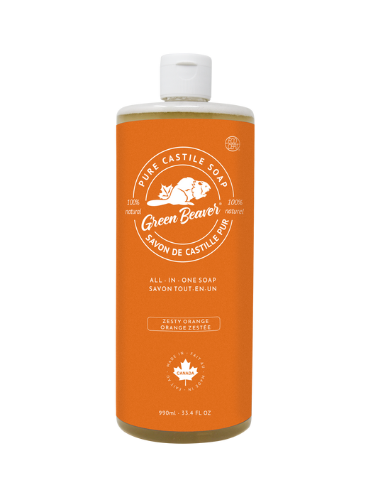 A bottle of Green Beaver's Castile Soap in Orange scent
