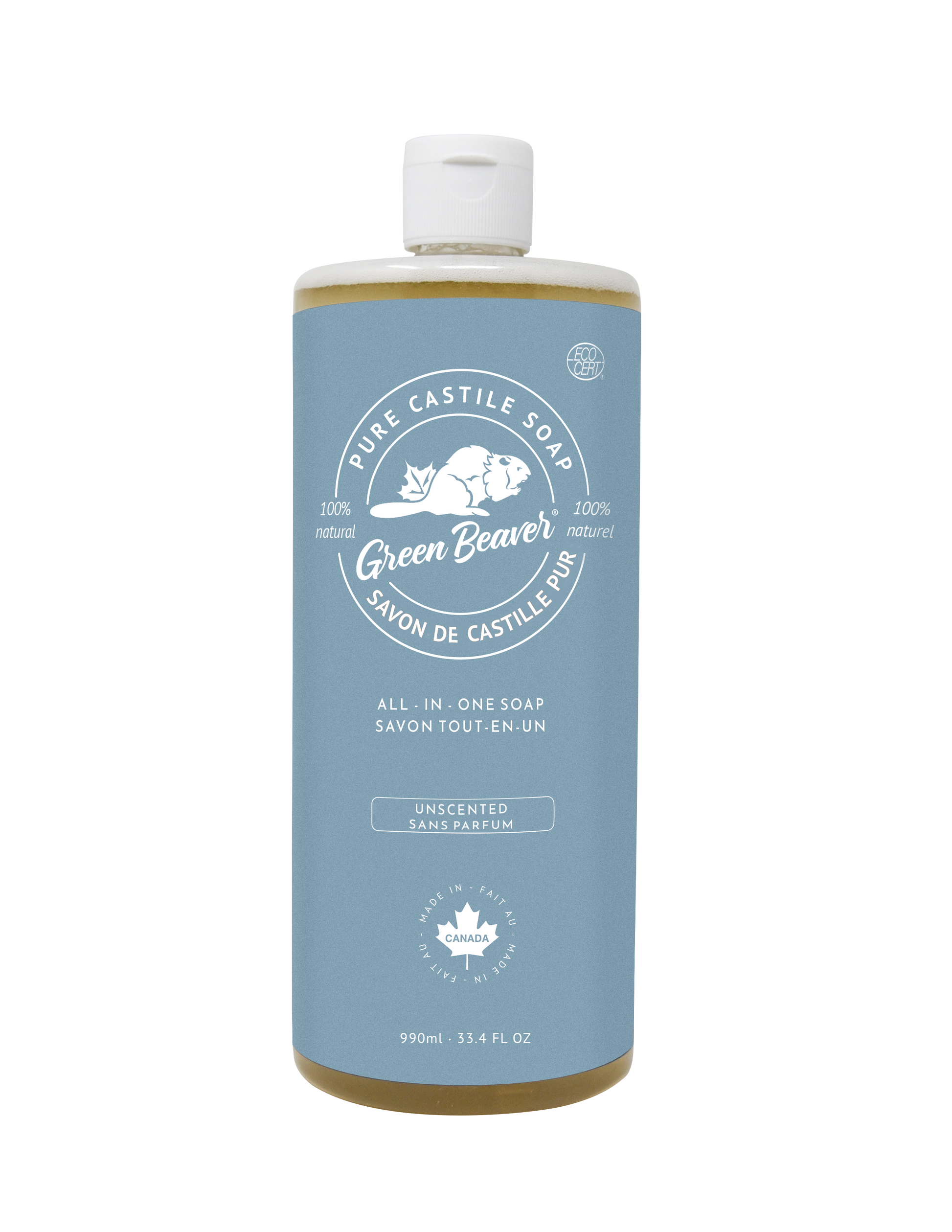 A bottle of Green Beaver's unscented Castile Soap