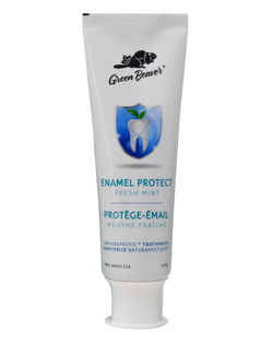 A white tube of enamel protection flouride-free toothpaste in fresh mint flavour by Green Beaver