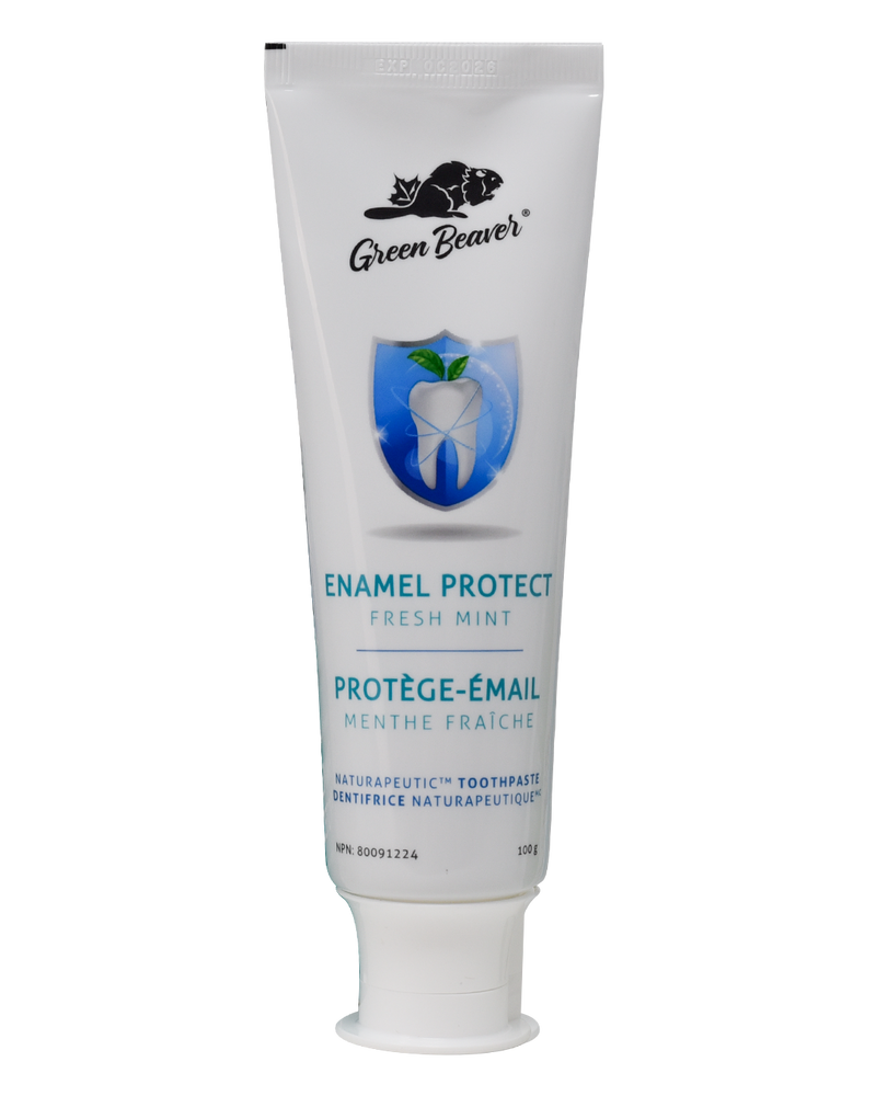 A white tube of enamel protection flouride-free toothpaste in fresh mint flavour by Green Beaver
