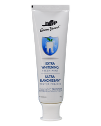 A white tube of extra-whitening-flouride-free toothpaste in fresh mint flavour by Green Beaver