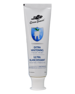 A white tube of extra-whitening-flouride-free toothpaste in fresh mint flavour by Green Beaver