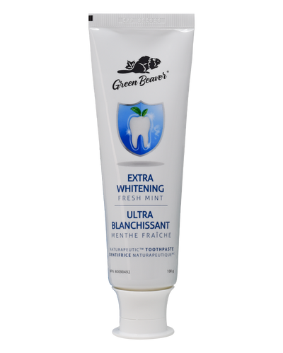 A white tube of extra-whitening-flouride-free toothpaste in fresh mint flavour by Green Beaver