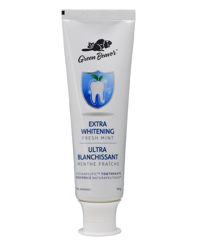 A white tube of extra-whitening-flouride-free toothpaste in fresh mint flavour by Green Beaver