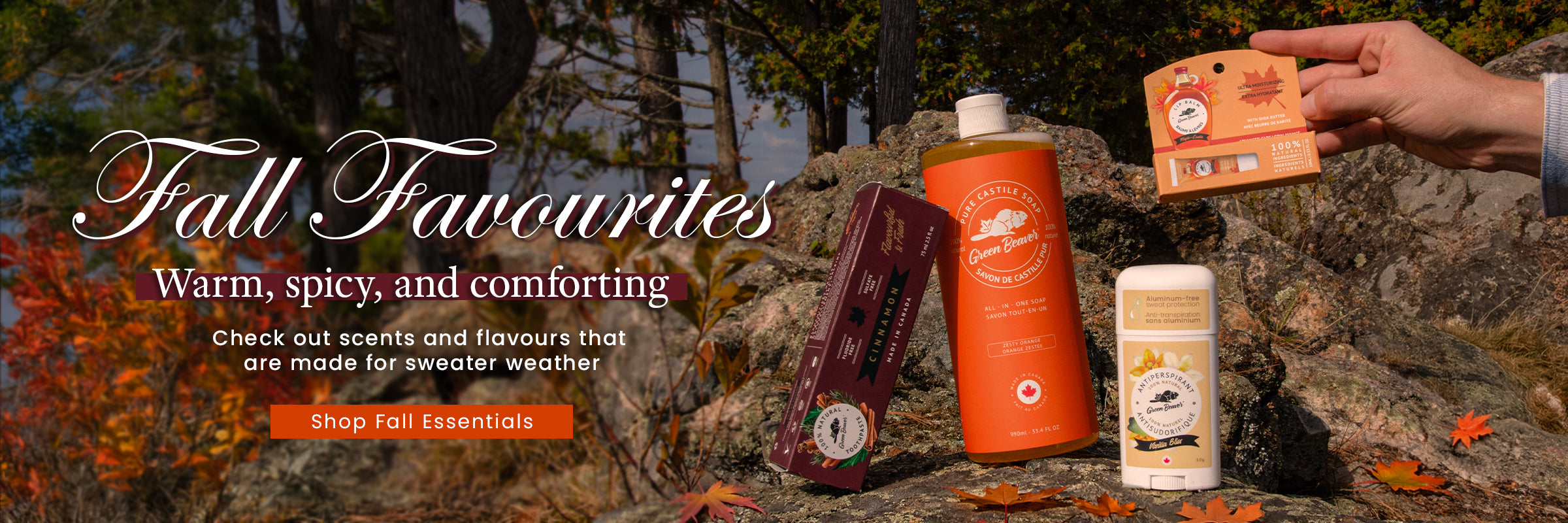 Green Beaver fall collection of cinnamon toothpaste, orange Castile soap, vanilla antiperspirant, and maple lip balm in a fall forest setting.
