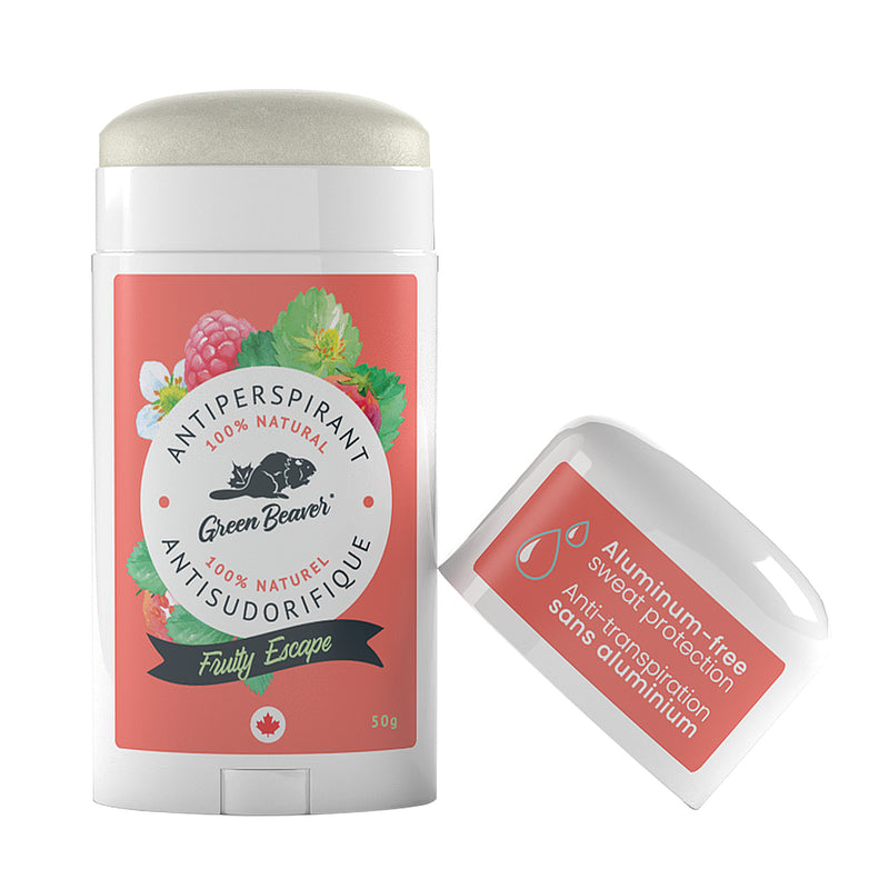 Green Beaver aluminum-free antiperspirant deodorant Fruity Escape scent with cap off