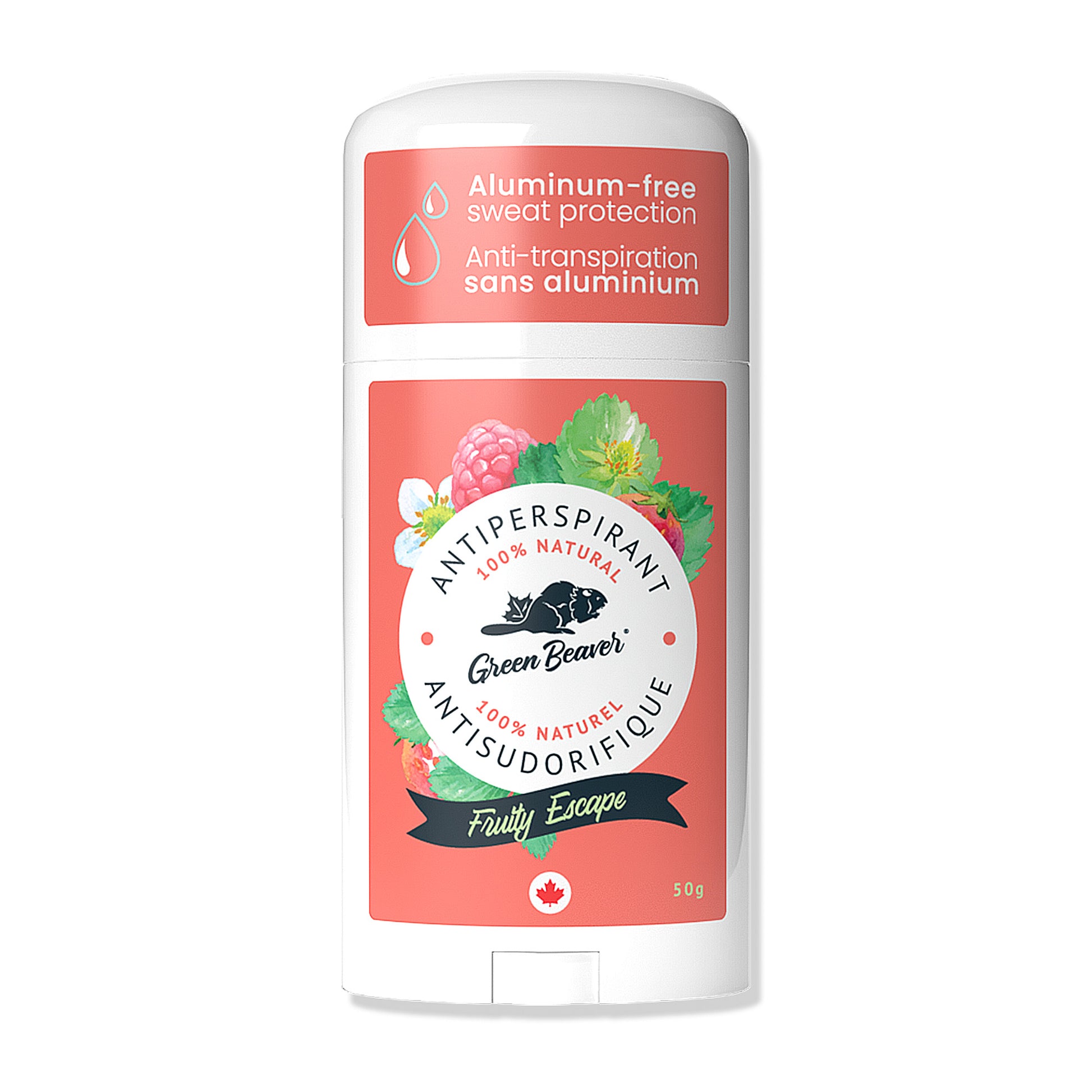 Stick of Green Beaver aluminum-free antiperspirant deodorant Fruity Escape scent front view
