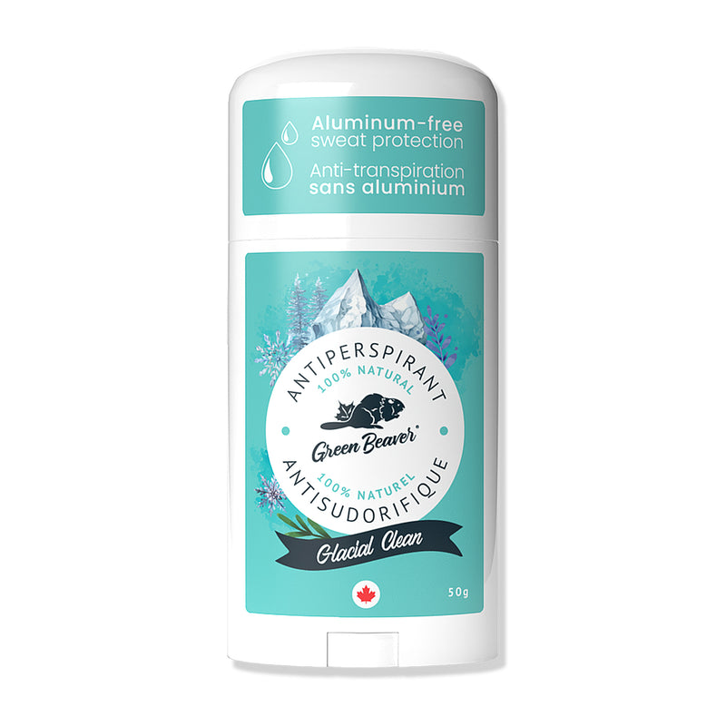 Stick of Green Beaver aluminum-free antiperspirant deodorant Glacial Clean scent front view