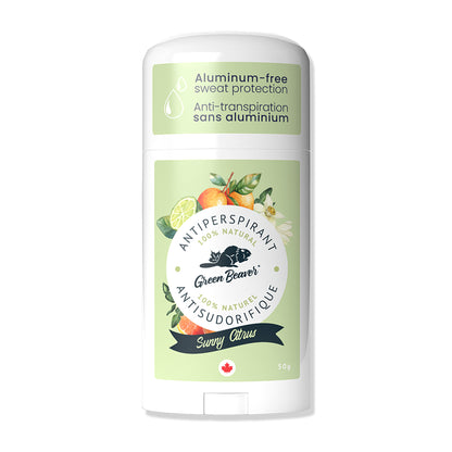 Stick of Green Beaver aluminum-free antiperspirant deodorant Sunny Citrus scent front view