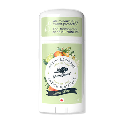 Stick of Green Beaver aluminum-free antiperspirant deodorant Sunny Citrus scent front view