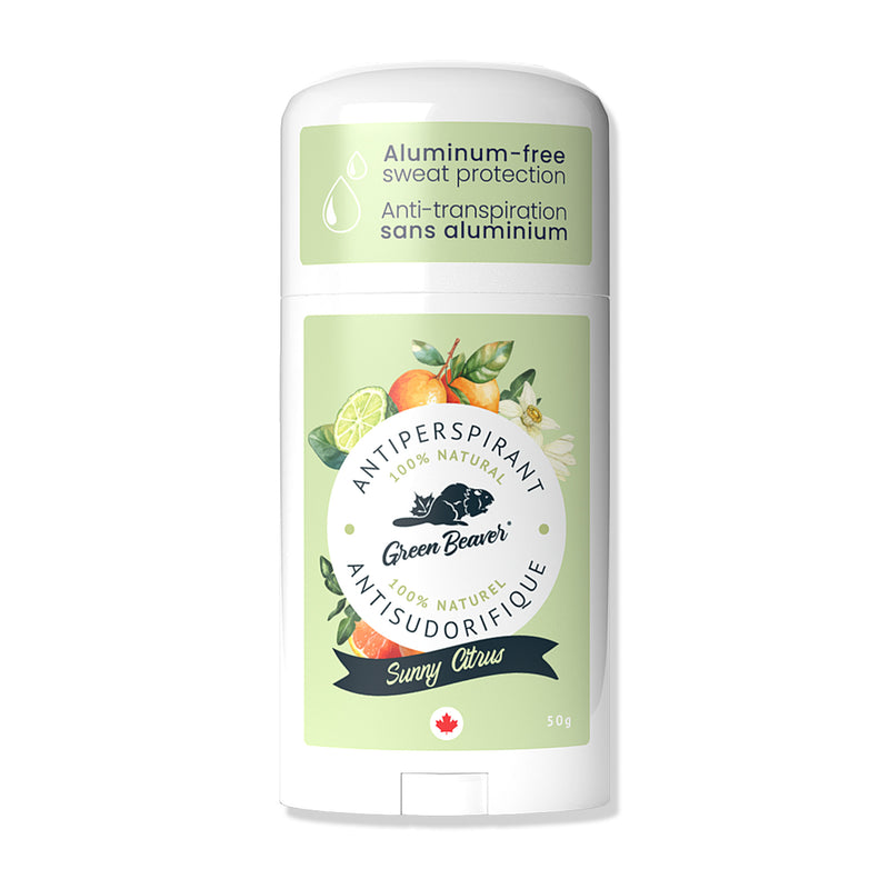 Stick of Green Beaver aluminum-free antiperspirant deodorant Sunny Citrus scent front view