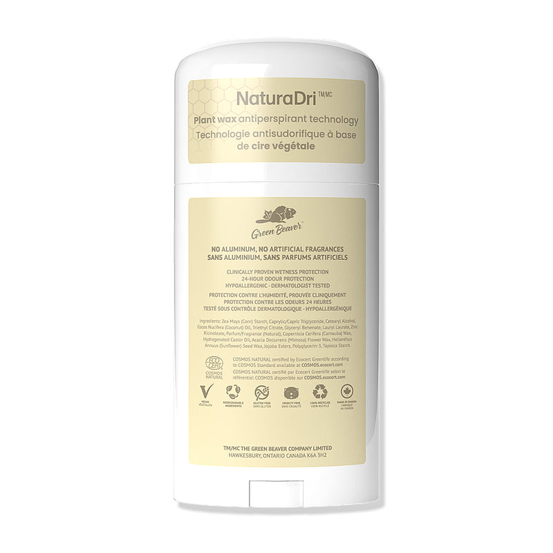 Green Beaver aluminum-free antiperspirant deodorant Vanilla Bliss scent back label