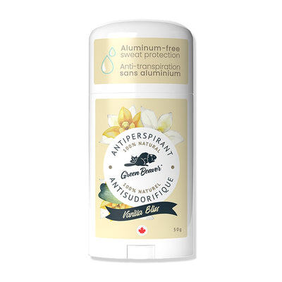 Stick of Green Beaver aluminum-free antiperspirant deodorant Vanilla Bliss scent front view