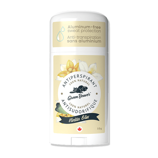Front view of Green Beaver Vanilla Bliss aluminum-free antiperspirant on a white background.