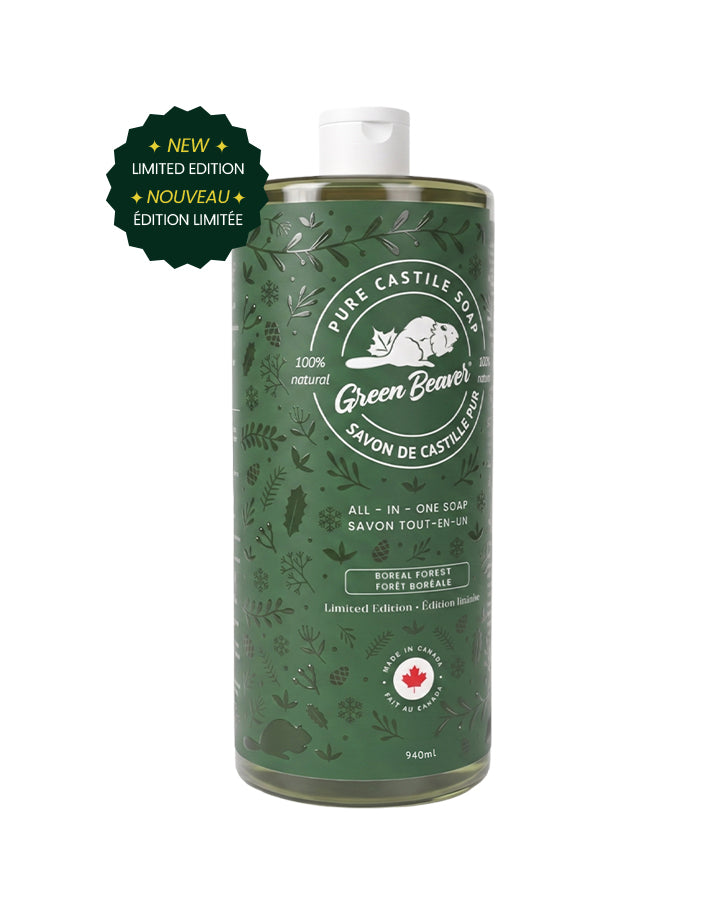 A bottle of Green Beaver's limited edition Boreal Forest Castile soap with a green label with dark green accents.