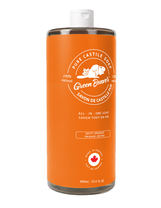 A bottle of Green Beaver's Castile Soap in Orange scent