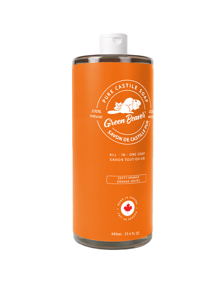 A bottle of Green Beaver's Castile Soap in Orange scent