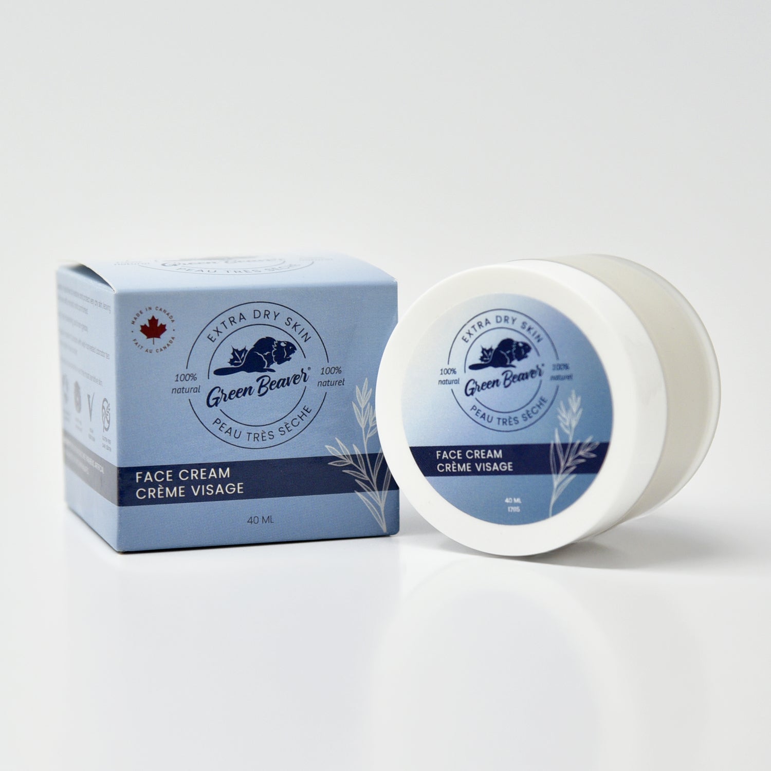Green Beaver extra dry skin face cream jar and packaging on a white background