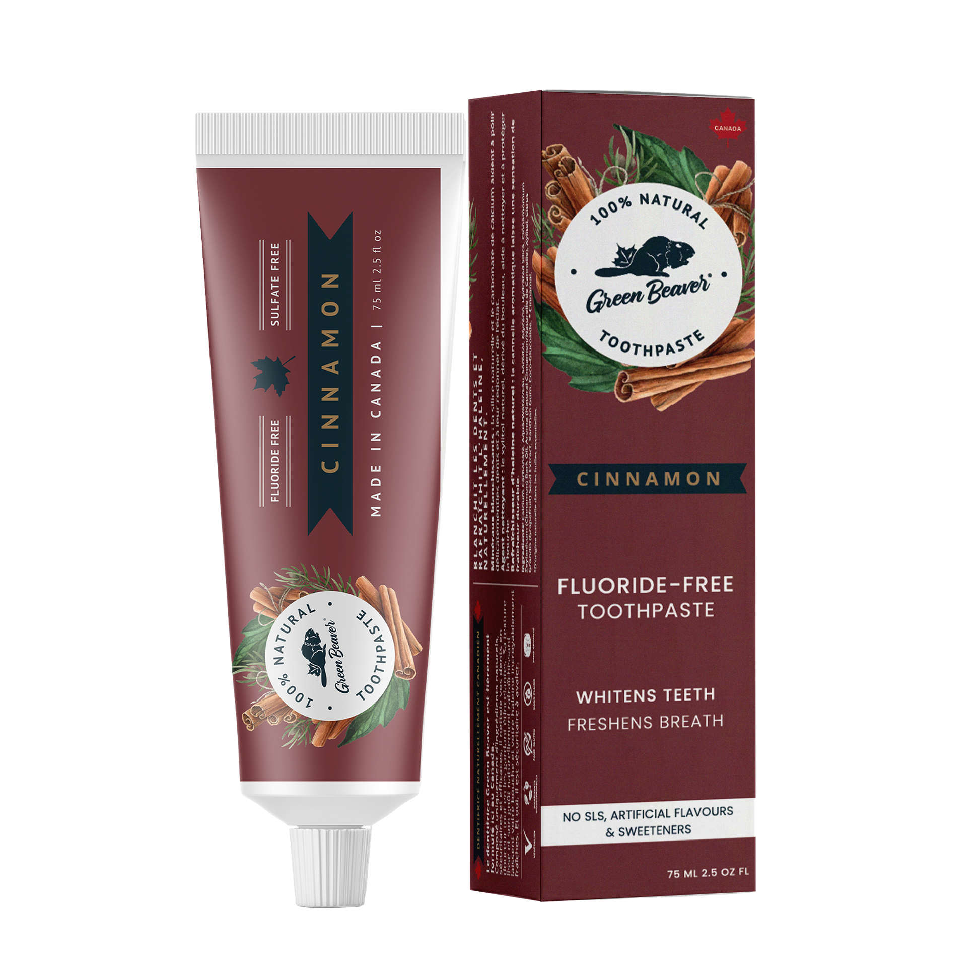 A tube of cinnamon natural toothpaste from Green Beaver is placed vertically next to its box on a white background.