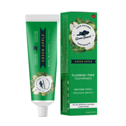A tube of green apple natural toothpaste from Green Beaver is placed vertically next to its box on a white background.
