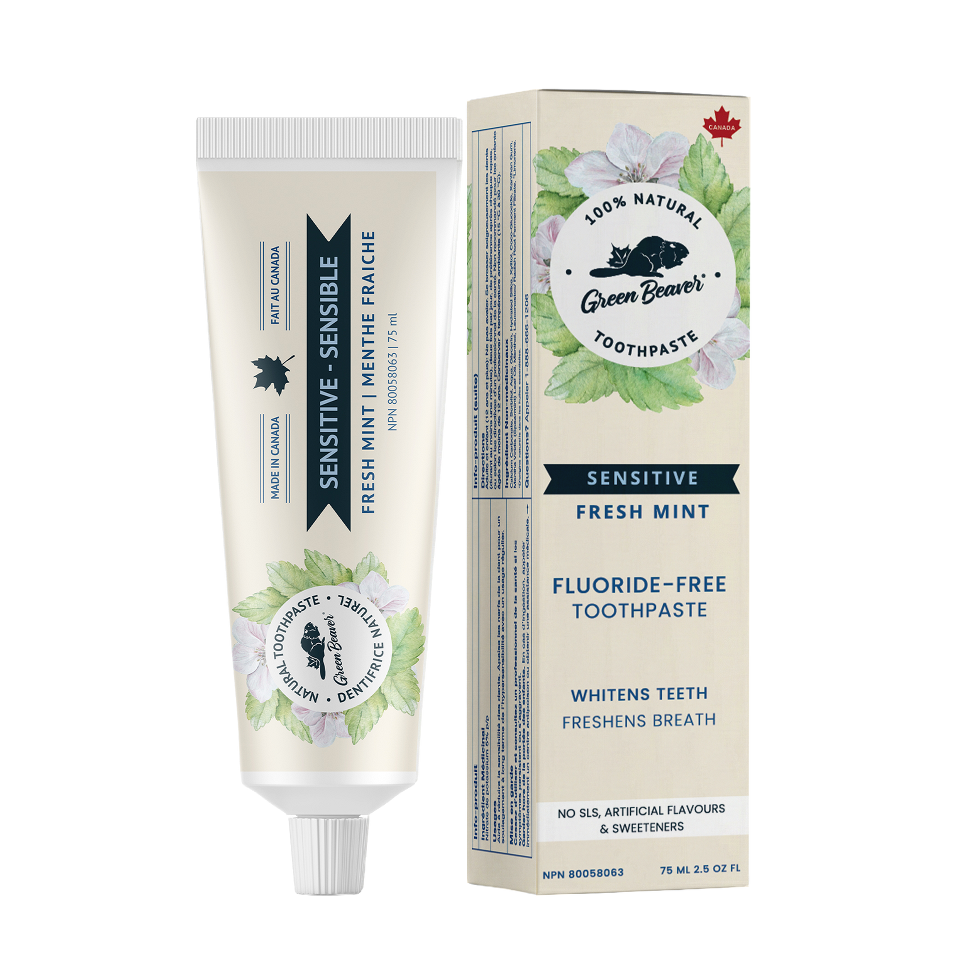 A tube of mint sensitive teeth natural toothpaste from Green Beaver is placed vertically next to its box on a white background.