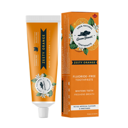 A tube of zesty orange natural toothpaste from Green Beaver is placed vertically next to its box on a white background.
