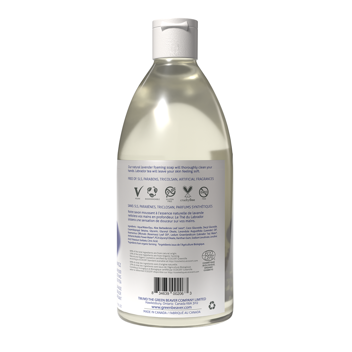 A bottle displaying the back label of Green Beaver's Foaming Hand Soap in Lavender scent on a white background