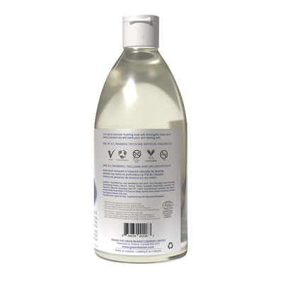 A bottle displaying the back label of Green Beaver's Foaming Hand Soap in Lavender scent on a white background